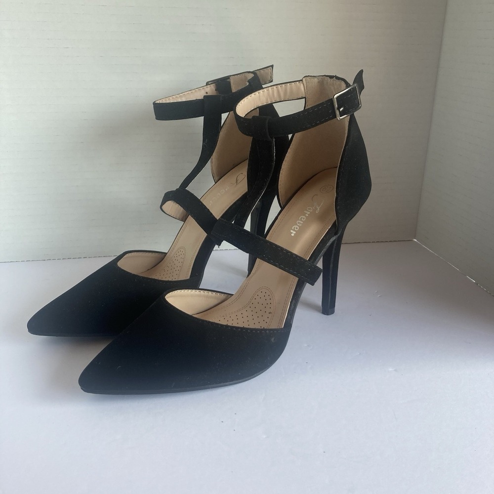 Forever-Black Suede Stiletto Heels (4 in) Closed Toe with Ankle Strap Size 6.5